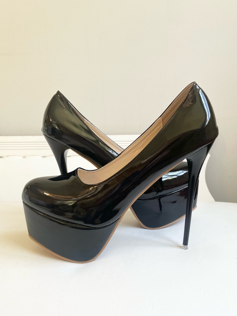 BLACK PATENT LEATHER PLATFORM STILETTO HIGH HEELS SHOES